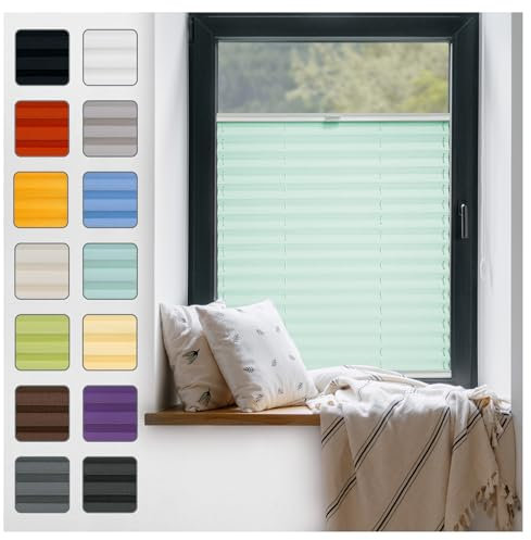Fenster Plissee ohne Bohren zum Kleben Innenrahmen - Thermo Plisseerollo Innen - Rollo Jalousie, Halterungen auf Rahmen, Faltrollo, Sichtschutz, Blickdicht, für Fenster & Tür - Mint, 105 x 120 cm