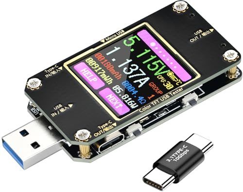 USB Tester Messgerät,2-in- 1 USB Tester,USB Strommessgerät Spannung Voltmeter, Strom, Ladestrom Leistungskapazität, Arbeitszeit-Detektor Amperemeter mit Typ-C Adapter,4.5-24V