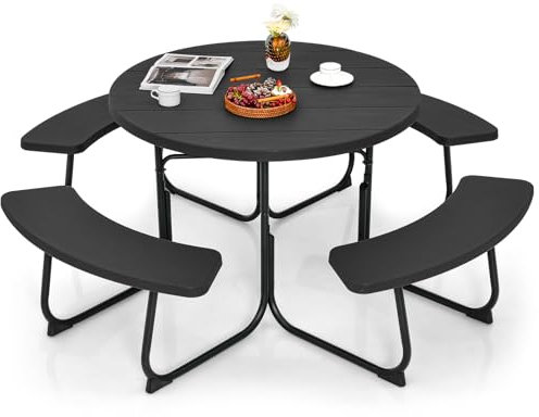 GOPLUS Table de Pique-Nique avec 4 Bancs Intégrés pour 4 à 8 Personnes, Table Jadin Exterieur en HDPE avec Trou pour Parasol,Ronde en Plein Air, Cadre en Métal,Charge 225KG+135KG(Noir)