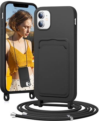 BENTIACC Handykette Silikon Hülle für iPhone 12/12 pro mit Band, Handyhülle mit Kartenfach, Abnehmbar Kordel Kette, Stoßfeste Schutzhülle für iPhone 12/12 pro (Schwarz)
