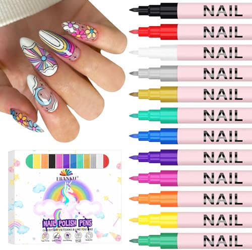 EBANKU 12 couleurs de stylos d'art pour ongles, 0,7 mm de peinture acrylique graffiti marqueur d'art pour ongles à séchage rapide, graffiti pointillé stylos liner pour la maison et le salon ongles