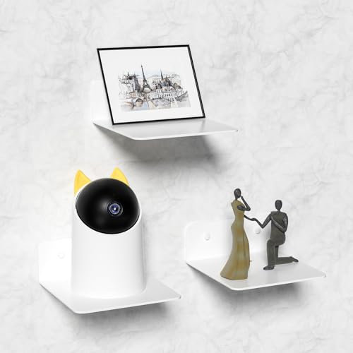 Wisfame Wandregal Metall Weiß 3er-Set, Kleine Schweberegal 12.5cm Mini Regal Ohne Bohren, Wand Montierte Display Regal Rack für Schlafzimmer, Wohnzimmer, Smart Lautsprecher, Sammlungen,Uhr, Dekoration