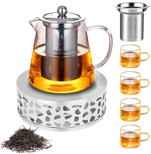 DASIAUTOEM Teekanne Glas Set, 1300ml Teekanne aus Glas, Vollständiges Tee Set, Teekanne mit Siebeinsatz und Stövchen, Borosilikatglas Teekanne, Inklusive 4 Isolierende Teetassen