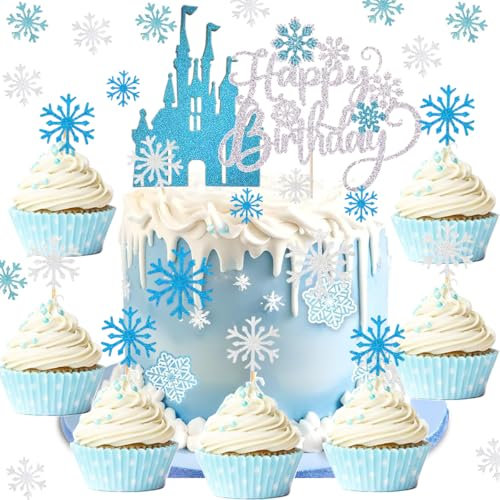 Drookaen Frozen Tortendeko, Silbernes Glitter Schneeflocke, Happy Birthday, Glitter Schloss Tortendeko Muffin Deko, Eiskönigin Tortendeko, Kuchen Deko für Mädchen Kinder Geburtstag Party