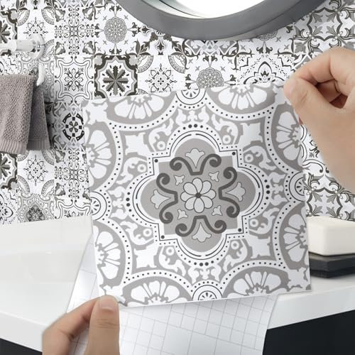 Honcet 24pcs Tile Stickers for Bathroom, Stick on Tiles Kitchen Grey, Vinyl Self Adhesive Wall Tiles Moroccan Waterproof, Peel and Stick Wall Mosaic 15x15cm