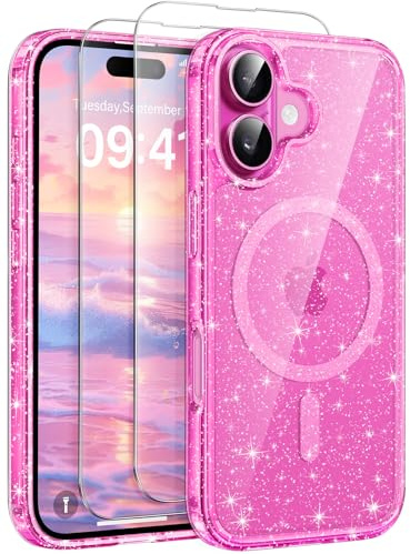 AROYI Coque pour iPhone 16 (6,1 Pouces) avec 2 Verres Trempés, Compatible avec Mag Safe, Fine, Scintillante, Transparent Glitter Etui Antichoc Housse pour Femmes et Filles pour iPhone 16, Rose