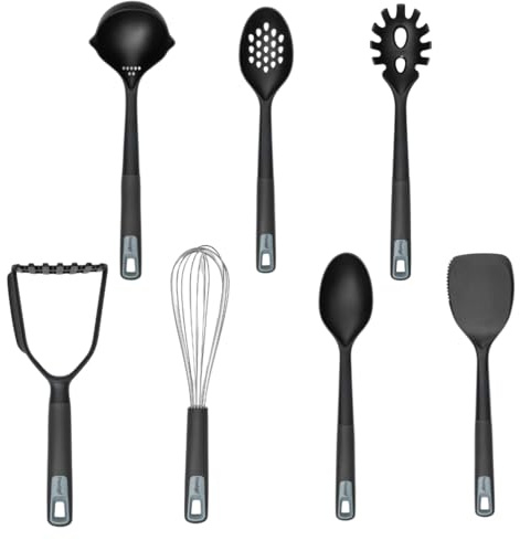 Prestige Utensils Set of 7 – Silicone Kitchen Utensils Set – Turner, Spoon, Slotted Spoon, Spaghetti Spoon, Potato Masher, Whisk, Ladle, Black