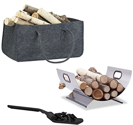 Relaxdays 3 TLG. Kamin-Set, Kaminholztasche, Kaminholzkorb, Kohlenschaufel, Filz, Edelstahl, Stahl, faltbar, Silber/schwarz/grau