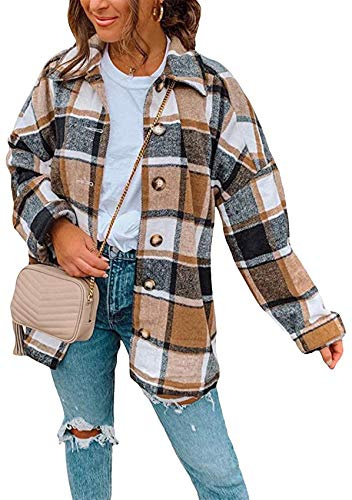 Yming Damen Kariertes Fleece Oversized Kragen Shirt Winterjacke Shacket Langarm Shirt Top Mantel Jacke Outwear