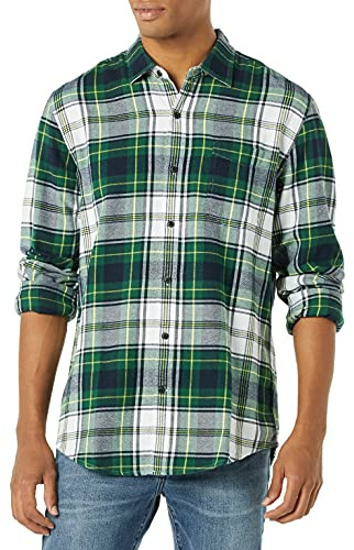Amazon Essentials Chemise en flanelle à manches longues Homme, Vert Blanc Écossais, M