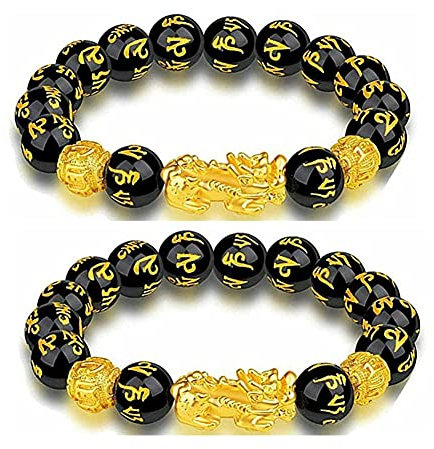 MiaLover 2 Stück Feng Shui Perlenarmband chinesisches Pi Xiu Armband Schwarz Obsidian Pixiu Armband Mit Tiger Eye Und Doppel Pixiu Glück Tapferen Truppen Charms Schmuck für Glück Reichtum