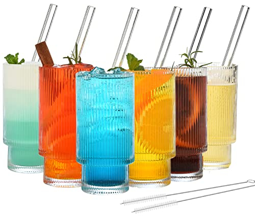 ALINK Cocktail Gläser 6er Set, Bier Glas, Wassergläser,Longdrinkgläser,Trinkgläser, Eiskaffee Gläser mit Strohhalm,Trinkglas in Dosenform für Familie, Camping, Party, Bar(310ml)