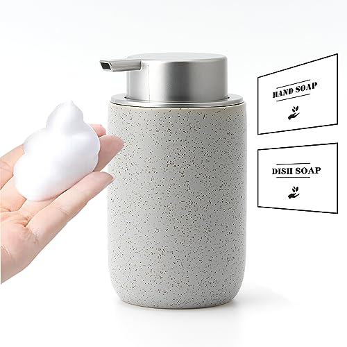 GIRLUFO Distributeur de Savon moussant Gris avec Pompe à Savon en Plastique argenté, Distributeur de Savon en Mousse céramique pour Salle de Bain, 340,2 g, Distributeur de Savon Rechargeable pour
