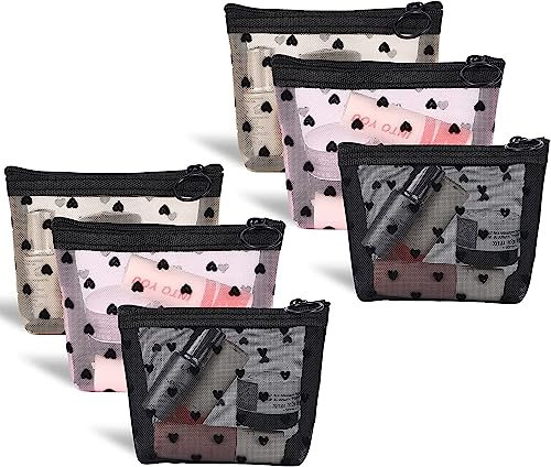 Adorila 6 Pack Mini Mesh Makeup Bags, Heart Print Zipper Mesh Storage Pouch, Travel Cosmetic Accessories Organizer for Women (Black, Beige, Pink)
