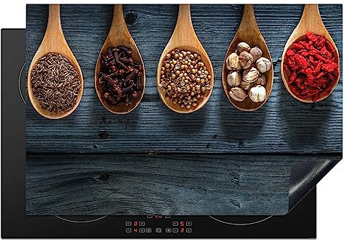 KitchenYeah© Protezione Piano Induzione 78x52 cm Cucina Copri Fornelli Proteggi di Cottura Antiscivolo Tappetino Erbe - Cucchiai - Legno - Cucina - Spezie - Industriale