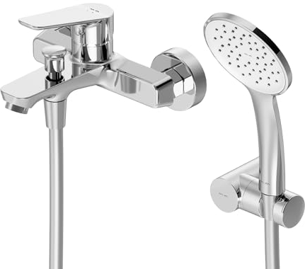 Badewannenarmatur Set mit Handbrause - Brausebatterie Wanne mit Brauseschlauch und Wandhalterung, Einhand-Wannenarmatur, Wannen Bad Armatur in Chrom, Einhebelmischer für Bad, AM.PM Hit FTA15000