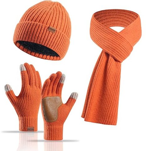 Yoolhamy Mütze Schal Handschuhe Set Damen, 3pcs Wintermütze Damen Beanie mit Mütze Fleece Gefütterte Wärmer Schla Touchscreen Handschuhe Damen Winter Thermo Strickmütze für Outdoor-Skimütze