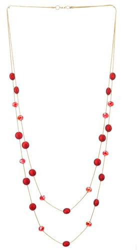 COOLSTEELANDBEYOND Gold Statement Halsband Halskette Zwei Strang Lange Kette mit Rot Harz Perlen Charme Anhänger, Abendkleid Abschlussball