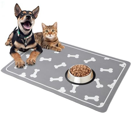 Dog Bowl Mat Absorbent, 60 x 40 cm Non Slip Dog Mat for Bowls, Pet Feeding Mat with Rubber Non Slip Bottom, Wipe Clean & Quick Dry, Cat Food Mat for Dogs, Cats, Small Animals (Light Grey-B)