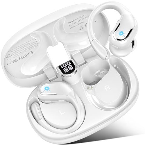Wireless Earbuds, Bluetooth 5.3 Headphones Sport, 75H Hi-Fi Stereo Wireless Earphones with 4 ENC Noise Canceling Mic, IP7 Waterproof Over Ear Buds with Earhooks, LED Display Bluetooth Earbuds, white