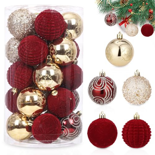 TIDEVAN 25 Stück Christbaumkugeln Rot,6CM Weihnachtsbaum Kugeln Weihnachtskugeln aus Kunststoff, Weihnachtskugeln Samt Rot, Bruchsicher, für Weihnachtsbaum Christbaumkugeln Weihnachtsdekoration Kugeln