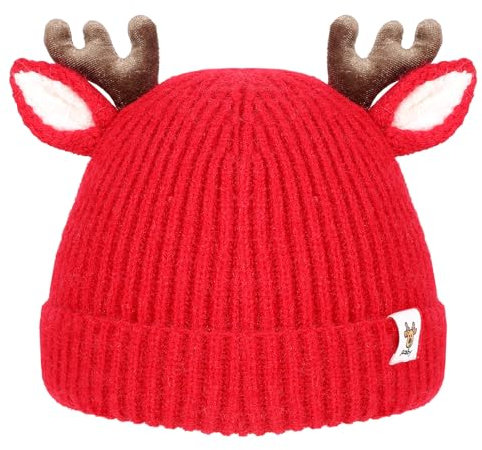 COMNICO Weihnachtsmütze Winter Mütze Rentier, Wintermütze für Kinder mit Ohren und Geweih, Weihnachtsmütze Strickmütze, Dicke Wintermütze Wärmende Mütze, Mädchen-Accessoires für Babys (Rot)
