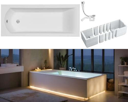 VBChome Badewanne 160 x 70 cm Weiß Acryl Wannenträger Platz für LED-Beleuchtung Styroporträger Siphon Wanne Rechteck Design Modern Ablaufgarnitur in Chrom