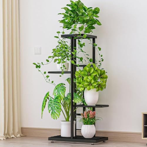 Zstar Estantería para flores de 4 niveles, varios niveles, soporte para plantas, banco de flores, escalera de metal, para interior, jardín, balcón, decoración, gris oscuro con plateado