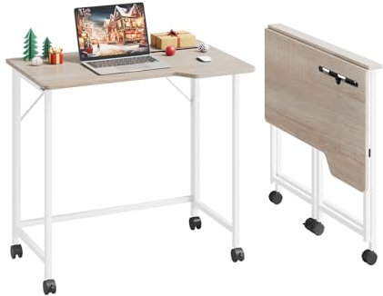 Dripex Faltbar Tisch, 80 x 52 cmPlatzsparender Schreibtisch Klappbar Computertisch mit Tablet Steckplatz und Rollen Ergonomisches L Design PC Klapptisch für Homeoffice Arbeitszimmer(Oak)