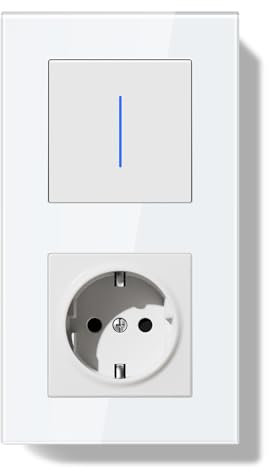 BSEEDLIFE Lichtschalter mit Steckdose, 1-Fach 1-Weg Wipptaster+ Steckdose, Doppelt 86 * 157mm Unterputz Wandschalter mit Glasrahmen, Schuko mit Rückstellschalter, mit Indikator Weiß
