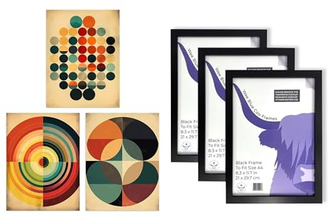Artery8 Geometric Bauhaus Wall Art - Set of 3 A4 Sized Art with Black Frames - Midcentury Modern Abstract Concentric Circles Aesthetic