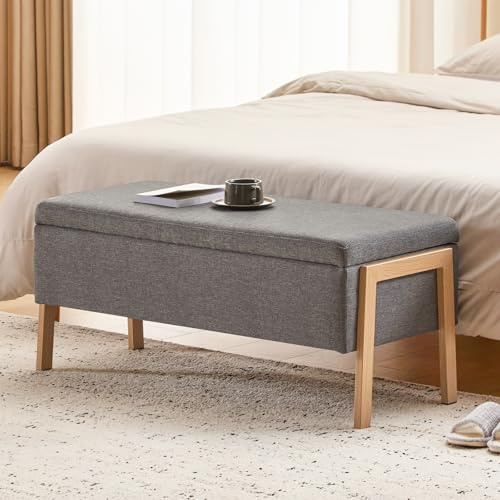 Ckaff Banc Bout de lit Banquette, Coffre de Rangement Ottomane Repose-Pieds Rembourré Pouf Pliable Banc de Chaussures 98 x 44 x 45.7 cm, Repose-Pieds pour Entrée Salon Chambre à Coucher, Lin, Gris