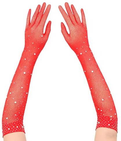 DUOYIJIN Women Long Fishnet Gloves with Rhinestones Glitter Gloves Red