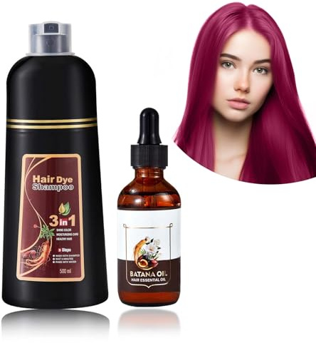 Tinte para Cabello de Color Borgoña, Champú Protector de Color Borgoña Instantáneo 500ml + Aceite Capilar 50ml, Champú Anti-Canoso, Conjunto de Cuidado Capilar Unisex