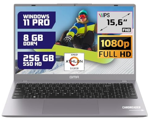 GMR Notebook Full HD da 15,6 pollici - AMD Athlon Silver - 8 GB di RAM - SSD da 256 GB - Windows 11 Pro per casa, ufficio e studio - Tastiera QWERTY