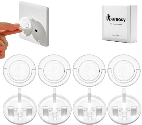 PUREASY 8-Pack Plug Socket Covers UK Baby Child-Proof with Hidden Pull Ring | White ABS socket covers with cute bear design, durable safety plug covers for sockets UK, easy to install and remove.