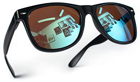 Miobo Retro Sonnenbrille, verspiegelt, Nerd-Design, Unisex, Club-Stil, UV400, L, Schwarz Blau