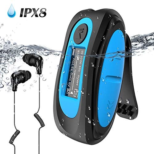 AGPTEK Lettore MP3 Subacqueo Impermeabile IPX8 con Clip Lettore Musicale da 8GB Nuoto MP3 con Auricolare,Cavo Audio e 3 Paia di Tappi per Le Orecchie,Supporta Radio FM,per Sport in Esecuzione Surf