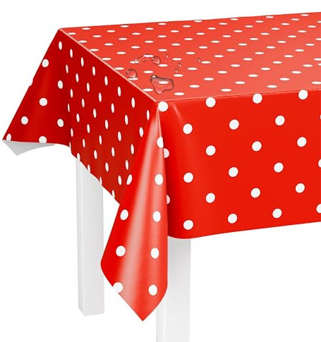 LILENO HOME Tischdecke abwaschbar als Meterware 240x140cm (Schnittkante) in Punkte Rot - Wachstuchtischdecke wasserabweisend ideal als Tischtuch o. Tischläufer für Bierzeltgarnitur