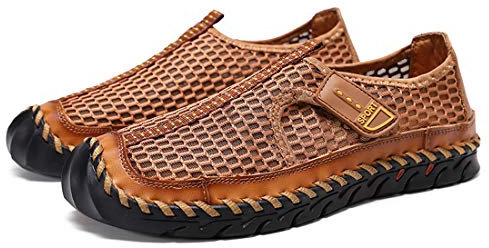 Aisfn Herren Outdoor Sport Strand Sandalen Sommer Leder Mesh Loafers Mode Casual Walking Schuhe Fahren Arbeit Schuhe(44 EU,Hellbraun