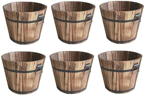 Astarama Lot de 6 pots de fleurs en bois en forme de tonneau de whisky pour jardin, terrasse, plantes de fleurs d'extérieur