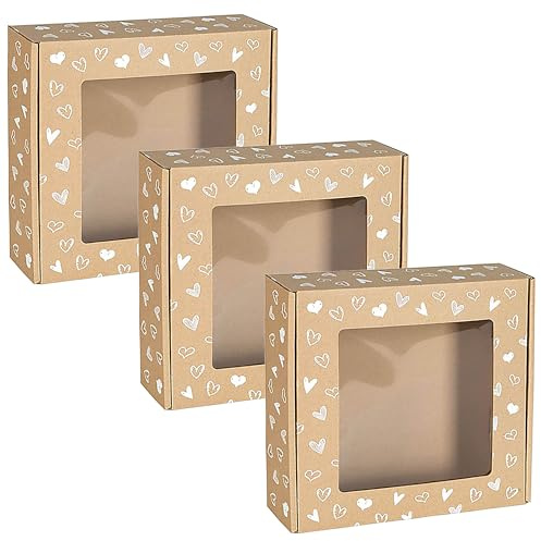 sarcia.eu Quadratische Mailer-Box mit Sichtfenster, Geschenkschachtel mit weißem Herzaufdruck 20x20x5 cm x3