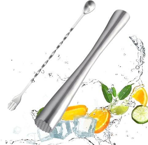 GYSRXS Edelstahl Mojito Stößel Mit Mixing Spoon und Crushed Ice Hammer - Für Cocktails, Mojitos, Säfte - Länge 26CM (Silber)