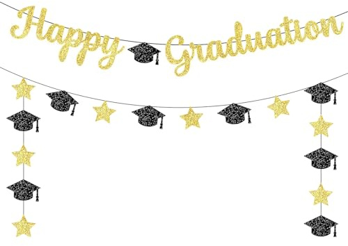 PIMXL 2 PCS Decorazioni Laurea, Banner Congrats Grad e Cappello di Laurea, Striscione Laurea Congratulazioni Festone Carta Laurea Banner per Casa Festa Laurea Gadget Fai da Te (Oro Nero)