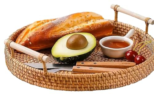 Bandeja Redonda Tejida de Ratán, Bandeja Decorativa Centro de Mesa con Asas, Bandejas de Mimbre Tejidas a Mano, Bandeja Desayuno Redondo, para Frutas, Bebida, Desayuno, Té, Vela, Pan