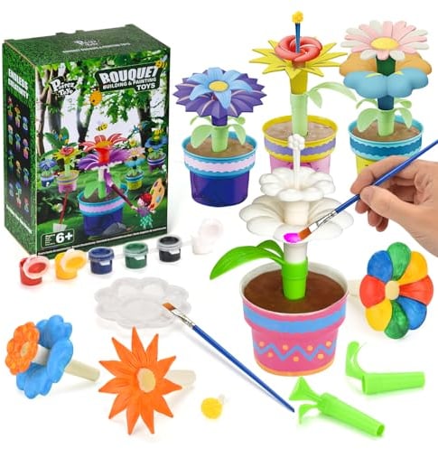 Flowers Building Blocks Toys, Painting Kit Flower Toys for Kids, Arts and Crafts Kits, STEM Educational Gardening Pretend Toy for Girls & Boys Age 6 7 8 9 10