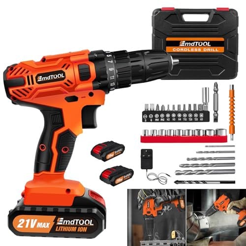 21V Cordless Drill Driver, 45N.m Max Impact Drill with 3/8 Keyless Chuck, 2 Batteries, 29pcs Accessories, 25+1 Torque, 2-Speed, Built-in LED for Drilling Wall, Wood, Metal, DIY Project, Orange