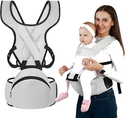 AUSYIWI Babytrage 0-36 Monate, Ergonomische Babytrage, mit Sitz, 6-in-1 Tragemodi Geeignet für Gewichte von 3 bis 9,5 kg (grau)
