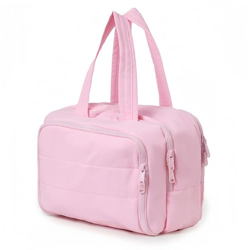 Shengxi Beauty case donna, Portatile di grande capacità beauty case da viaggio donna, Impermeabile leggero borsa da bagno con compartimenti multipli e cerniera liscia, 30×18.5×21cm (rosa)