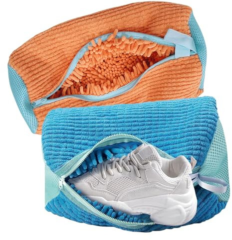 Sac à chaussures machine à laver, lot de 2, sac à chaussures, nettoyage efficace et doux des chaussures, sac à chaussures avec fermeture éclair à verrouillage automatique (bleu + orange)